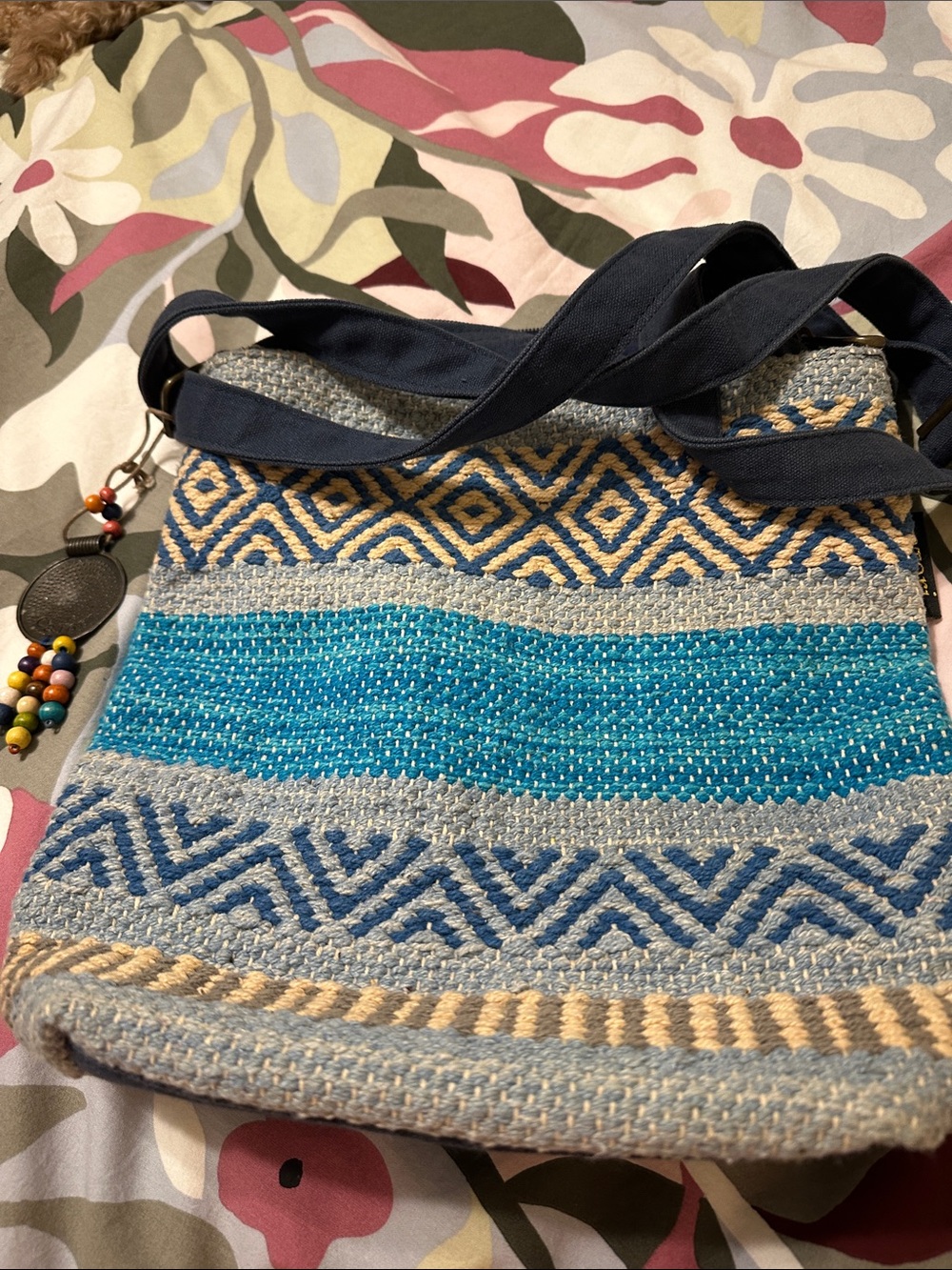 Handwoven Blue Patterned Shoulder Bag with Beaded Charm